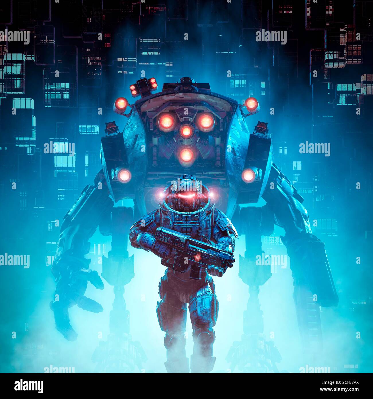 Ciberpunk soldato mecc pattuglia / illustrazione 3D di fantascienza guerriero militare cyborg pattugliando futuristica città distopica con robot gigante Foto Stock