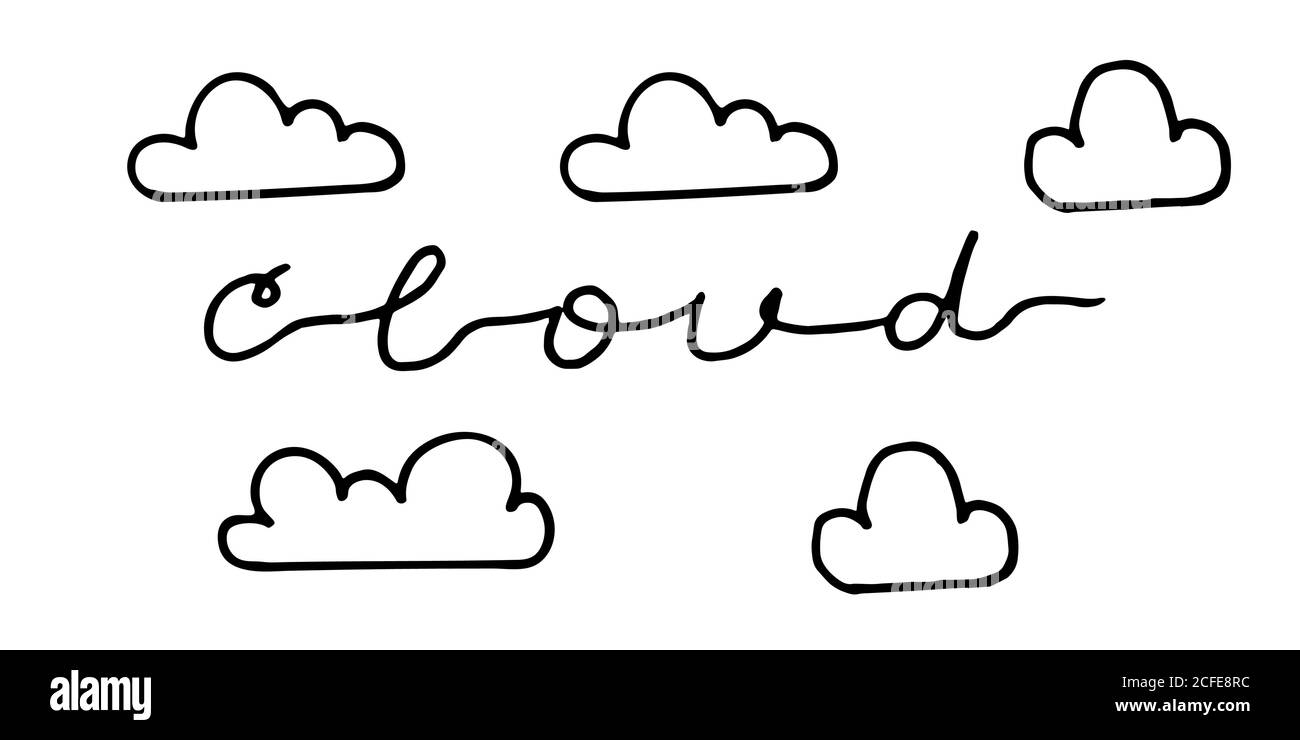 doodle nube illustrazione disegnata a mano vettore. Alcune nuvole semplici sul cielo. Spessa corsa nera isolata Illustrazione Vettoriale