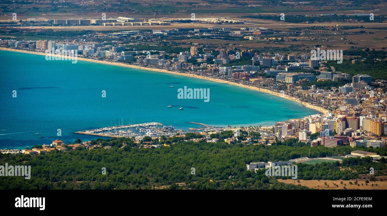 Veduta aerea di Arenal con spiaggia e baia, S'arenal, Arenal, Ballermann, Mallorca, Isole Baleari, Spagna Foto Stock
