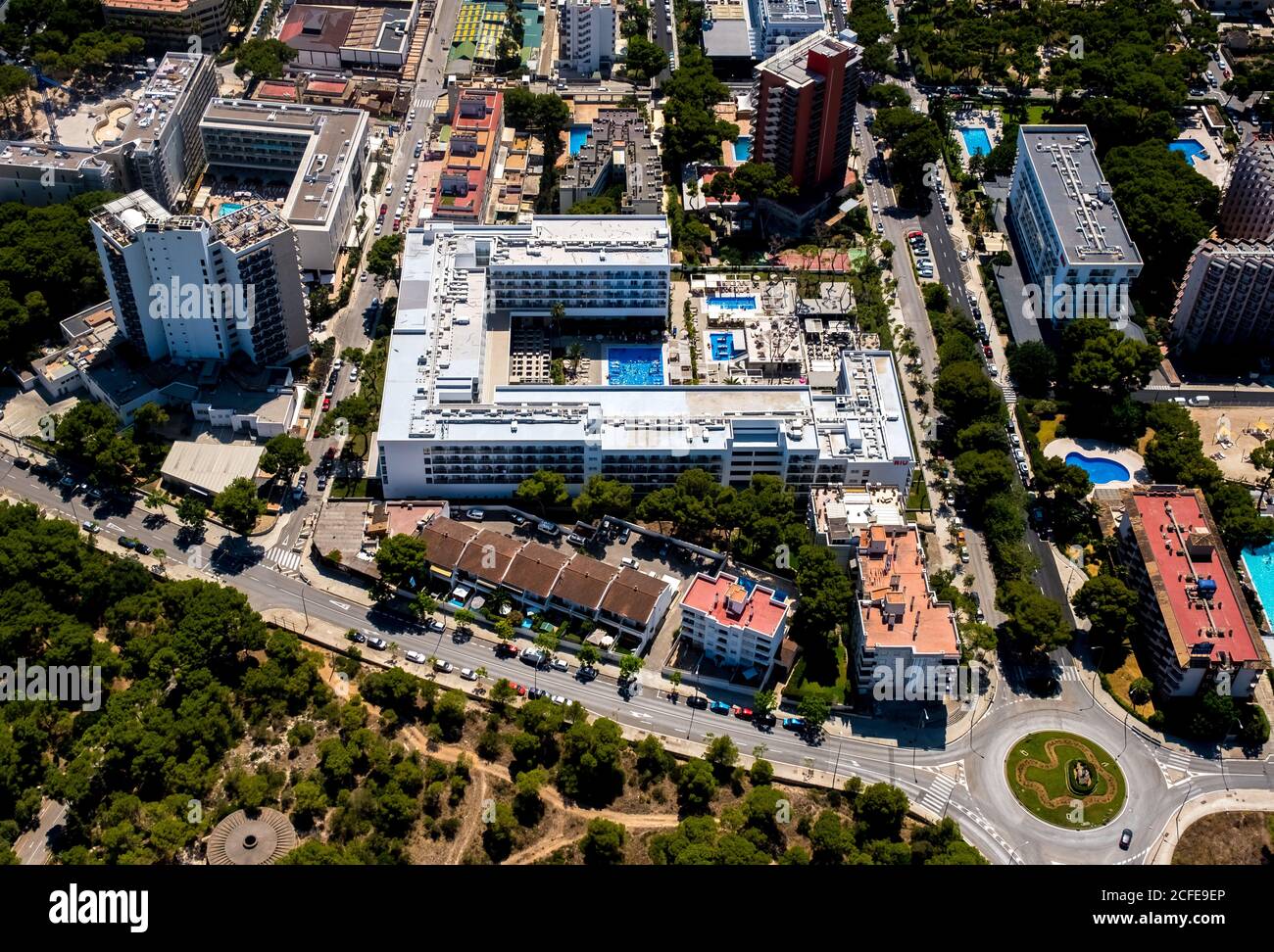 Vista aerea, hotel 3 stelle, Hotel Riu Playa Park vicino alla spiaggia di Arenal con Balneario 5, Balneario 6, Balneario 5, S'arenal, Arenal, Ballermann, Mallorca, Foto Stock