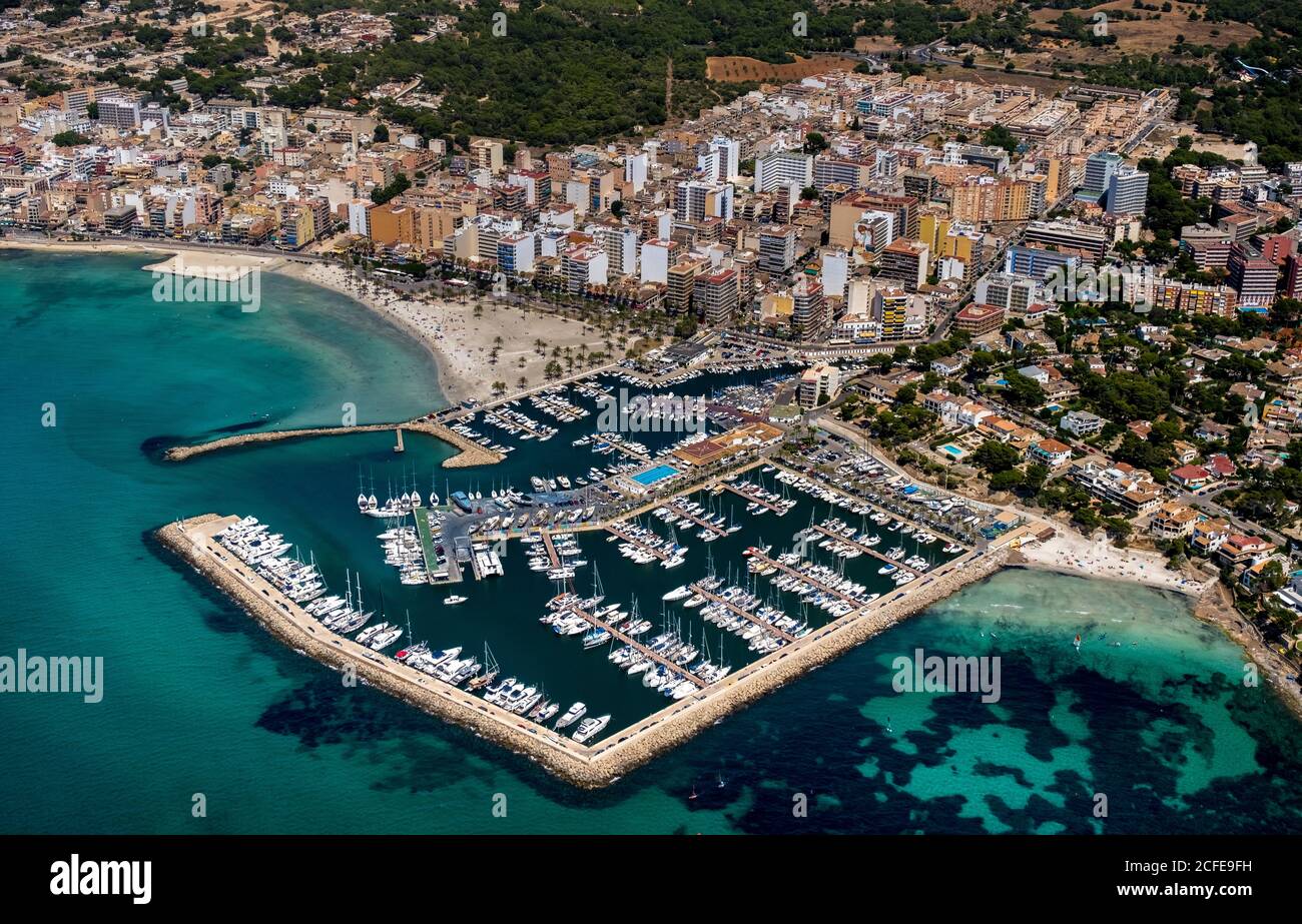 Vista aerea del porto di Arenal con spiaggia e baia, S'arenal, Arenal, Ballermann, Mallorca, Isole Baleari, Spagna Foto Stock