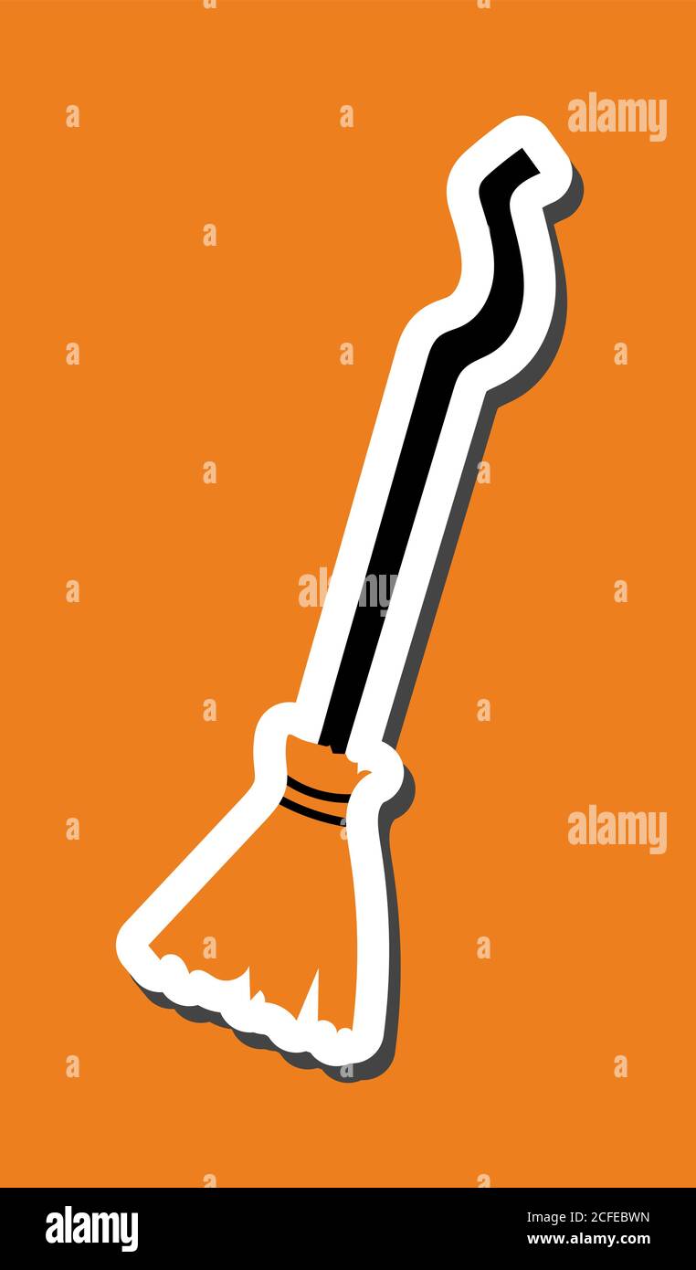 Carino adesivo Halloween di simboli di giorno di scarry. La scopa della strega del cartone animato divertente con un manico marrone a stucco è su sfondo arancione. Tratto bianco spesso e. Illustrazione Vettoriale