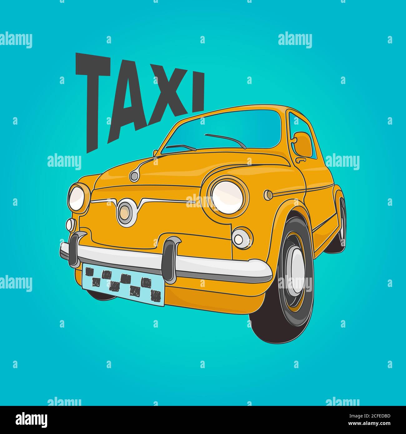 Illustrazione vettoriale di un taxi giallo retrò. Vista dal basso dell'auto sulla ruota per design, logo, sito Web, cartoline Illustrazione Vettoriale