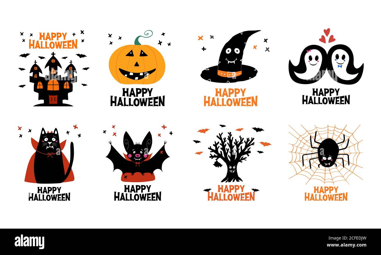 Set di biglietti d'auguri Halloween. Castello, jack o lanterna, cappello di strega, fantasma, gatto, pipistrello, albero secco, ragno. Isolato su sfondo bianco. Stock vettoriale Illustrazione Vettoriale