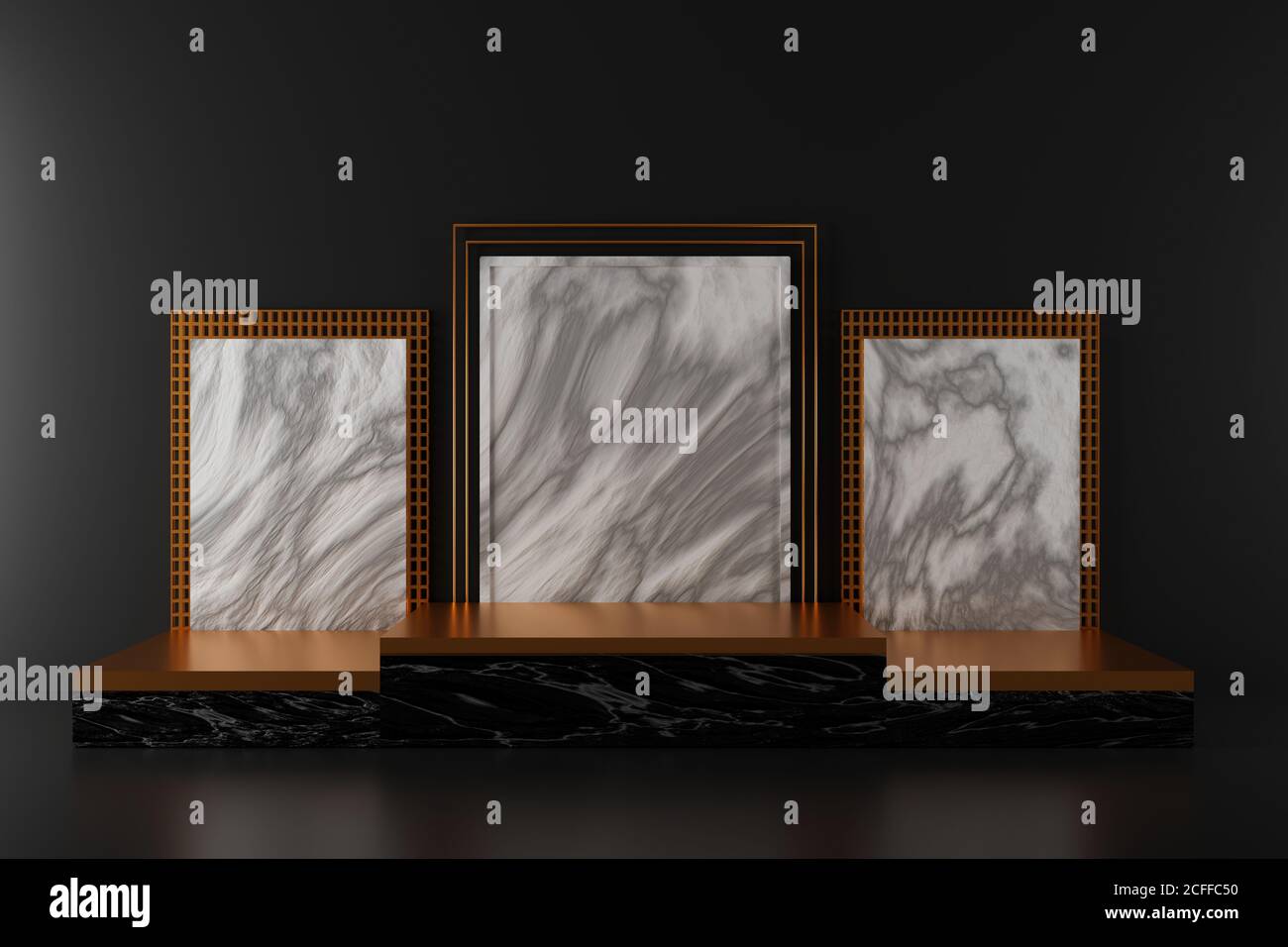 3d rendering vuoto marmo nero podio su sfondo nero per vetrina prodotti mock up. Foto Stock