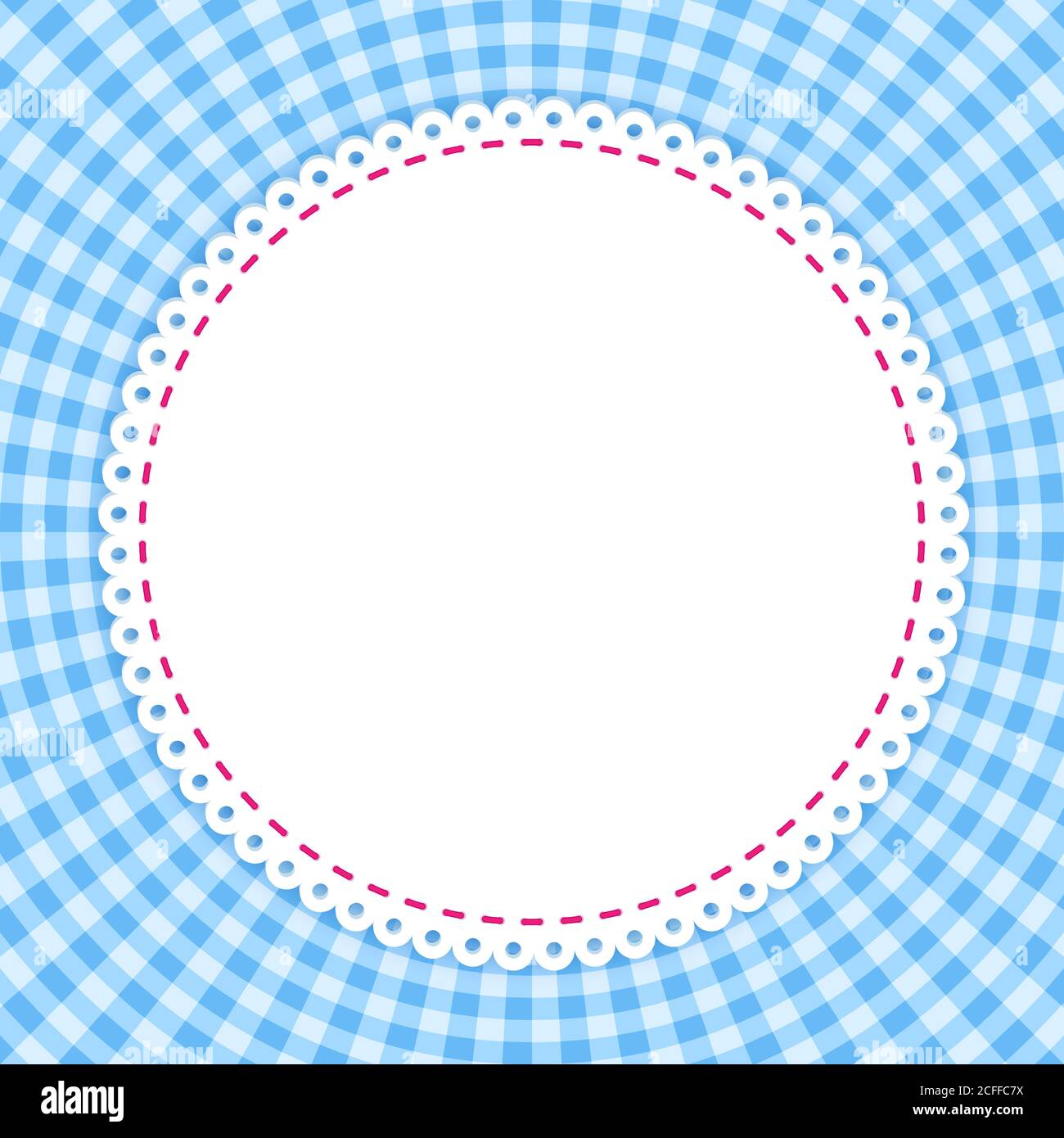 Cornice rotonda con classico motivo tovaglia. Tradizionale motivo di Gingham in colori blu. Modello vettoriale a scacchi. Sfondo geometrico astratto. Illustrazione Vettoriale