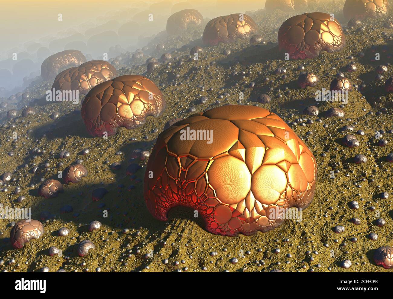 Alieno pianeta sci-fi sfondo. Illustrazione 3D con rendering digitale Foto Stock