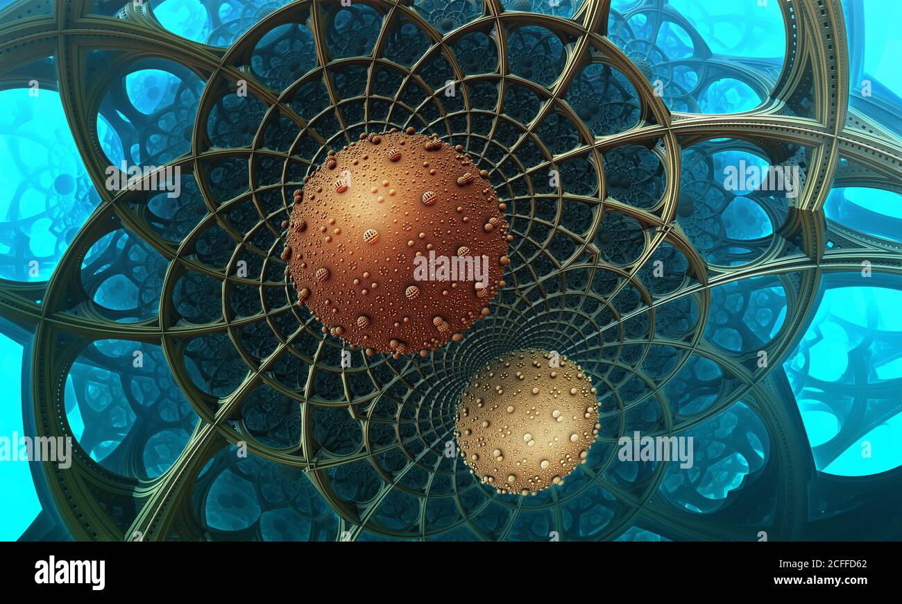 Sfondo astratto 3D, fantastiche forme d'oro, interessante rappresentazione subacquea. Foto Stock