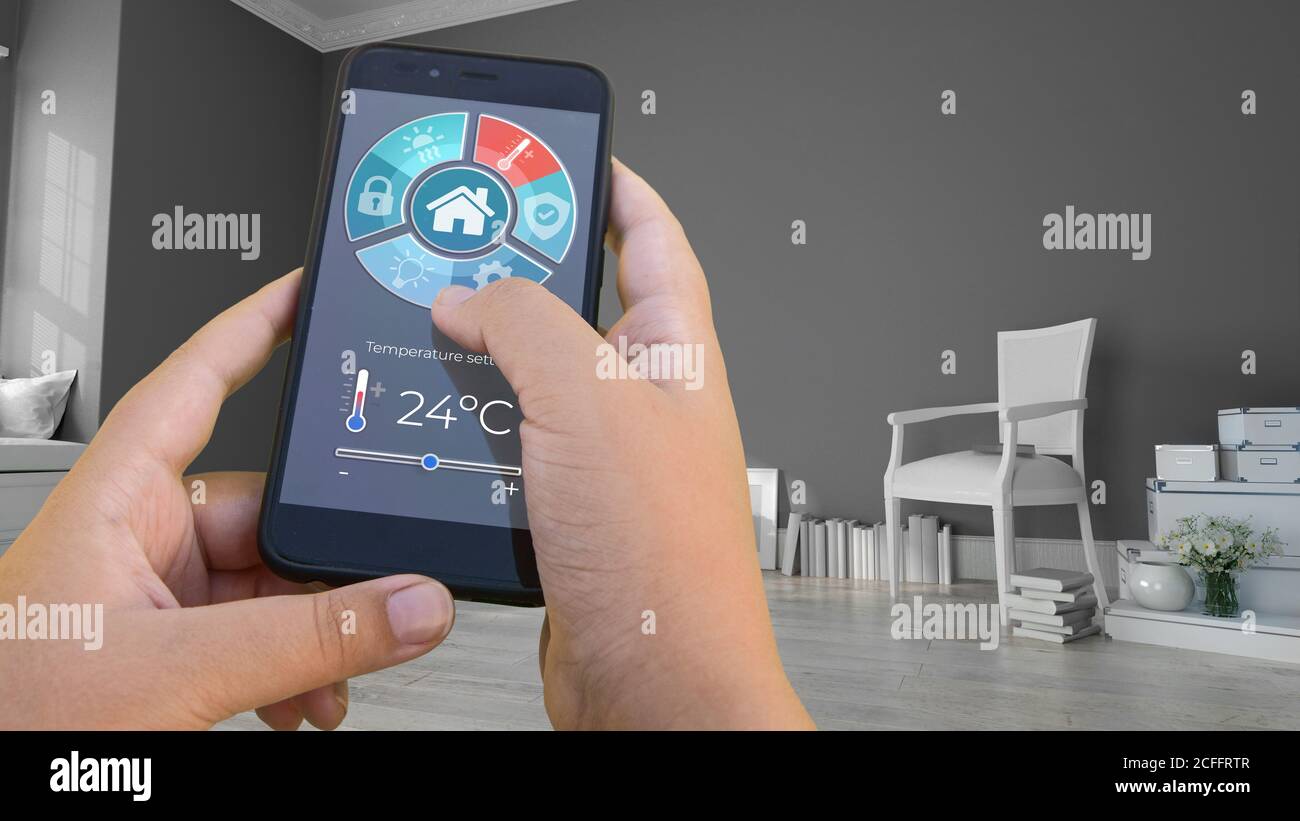 Rendering 3D di interni moderni controllati da uno smartphone app Foto Stock
