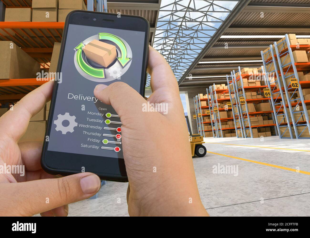 Rendering 3D di un'applicazione di controllo smartphone su una distribuzione magazzino Foto Stock