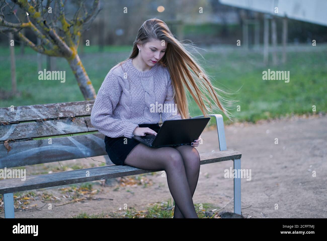 Giovane donna in abbigliamento casual e con capelli che scorre seduti sulla panca nel parco e rispondendo alle e-mail mentre si digita sulla tastiera del computer portatile Foto Stock