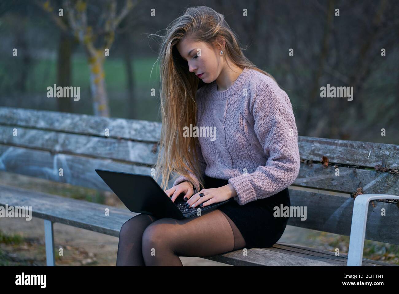 Giovane donna in abbigliamento casual e con capelli che scorre seduti sulla panca nel parco e rispondendo alle e-mail mentre si digita sulla tastiera del computer portatile Foto Stock