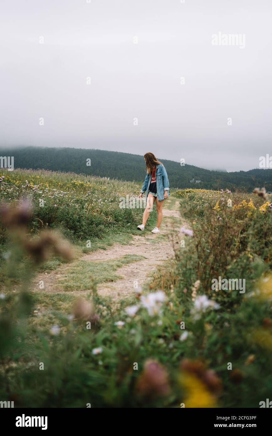 donna irriconoscibile in estate indossare a piedi lungo il percorso sabbioso tra prati con fiori in giornata Foto Stock