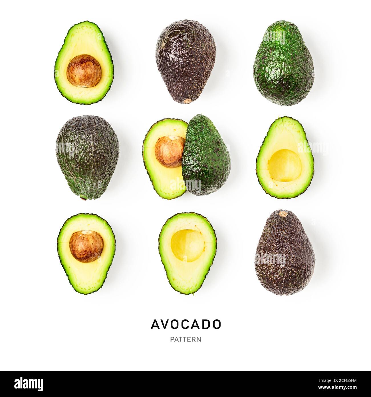 Avocado creativo motivo senza giunture e collezione isolato su sfondo bianco. Cibo, cibo sano e concetto di dieta. Frutta tropicale disposizione a Foto Stock