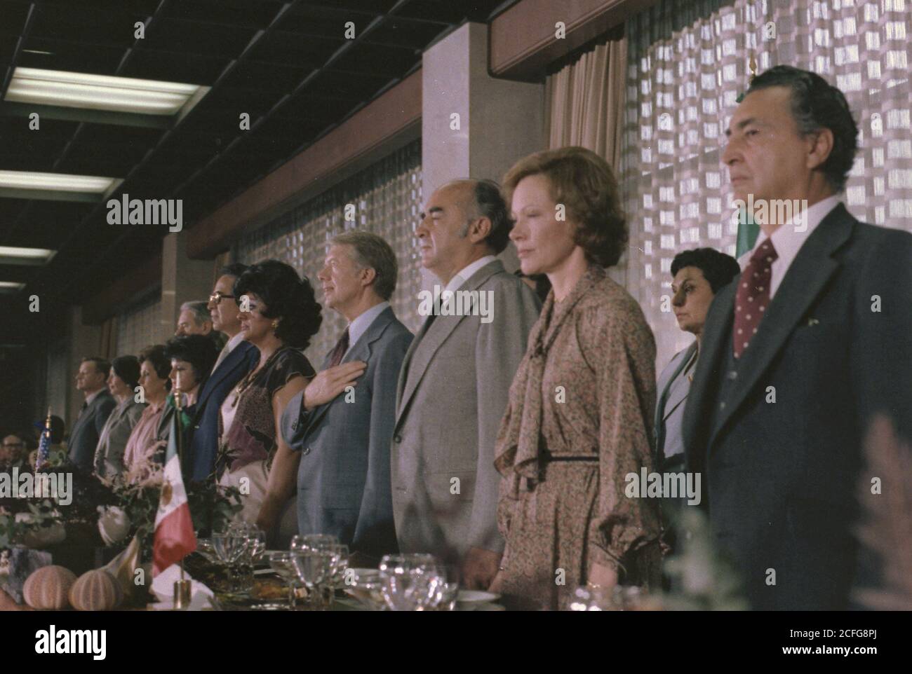 Jimmy carter e Rosalynn carter partecipano a un pranzo ospitato dal presidente messicano Lopez Portillo durante una visita di stato in Messico. CA. 14 febbraio 1979 Foto Stock