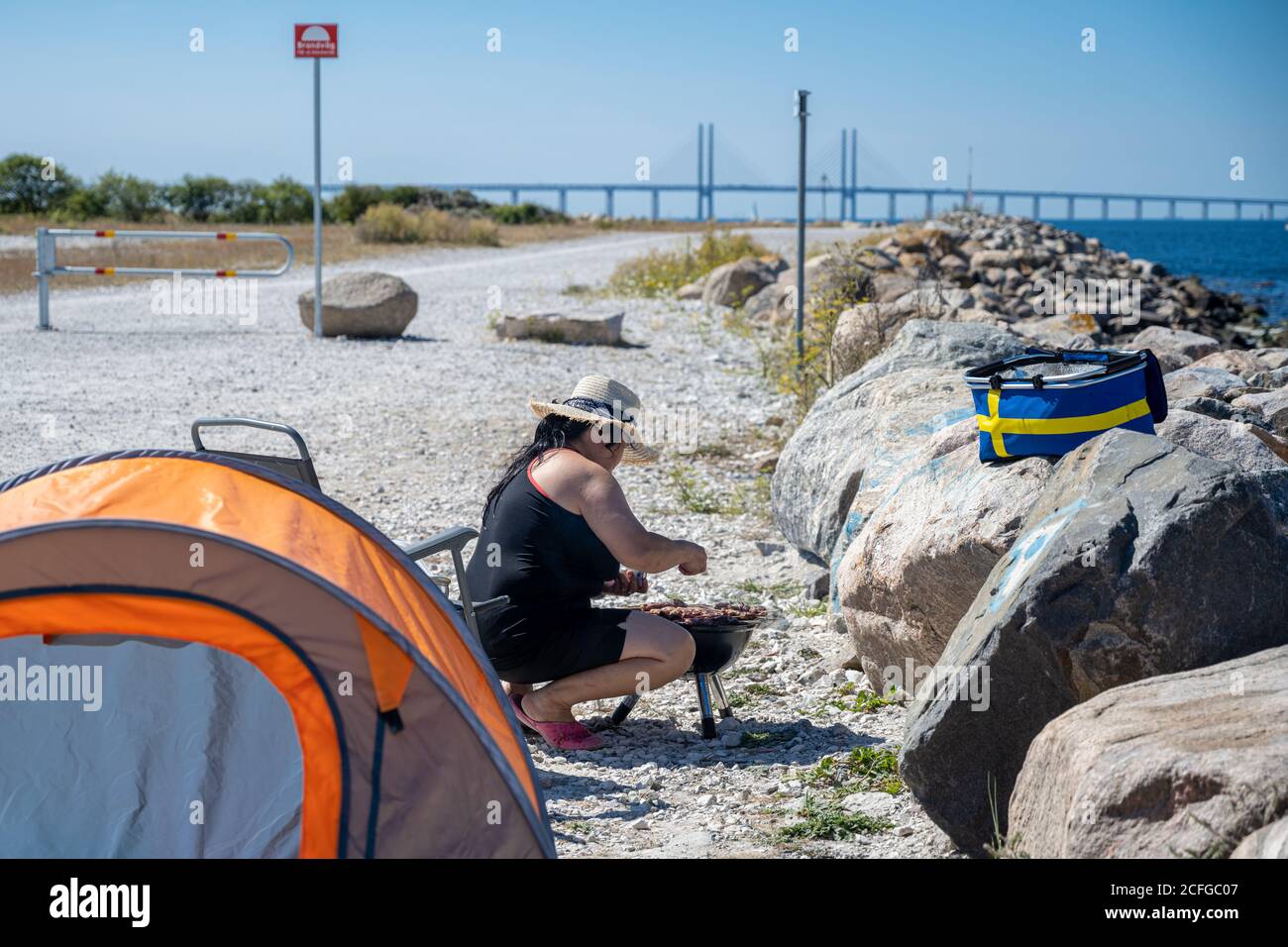 Barbecue una calda giornata estiva con il Ponte Oresund sullo sfondo. Foto di Malmo, Scania, Svezia meridionale Foto Stock