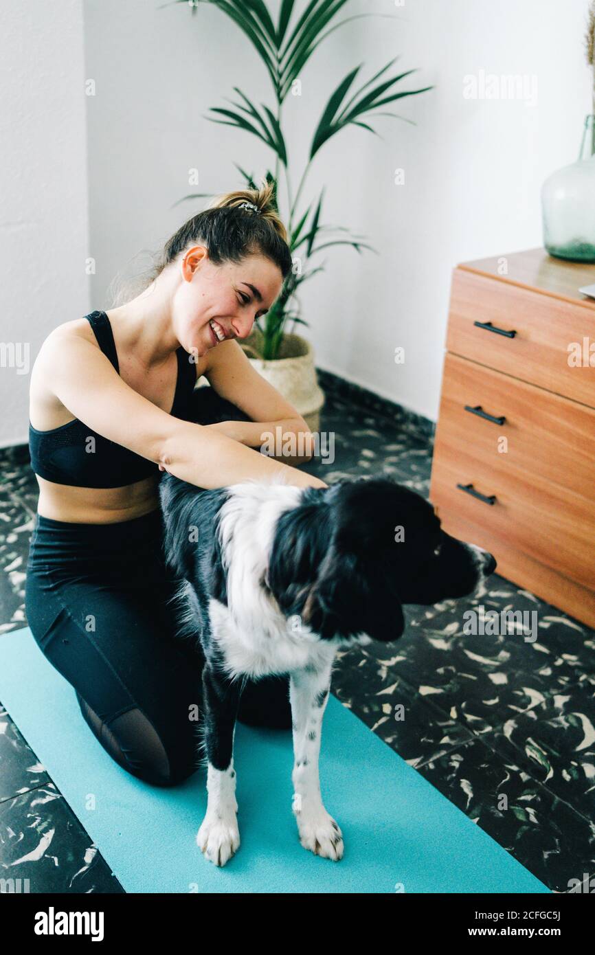Donna felice inginocchiarsi sul cane purebred mat durante lo yoga pratica a casa Foto Stock