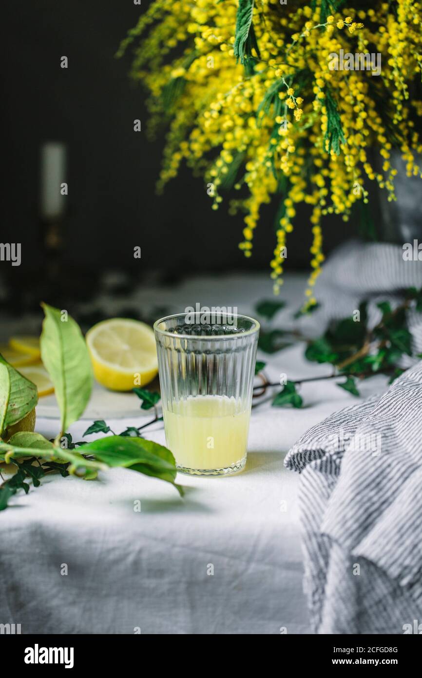 Spremiagrumi e limone a un bicchiere di succo Foto Stock