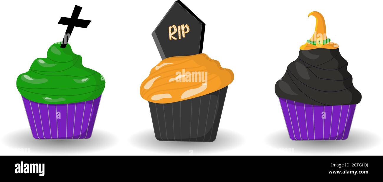 Halloween Treat. I muffin o le cupcake sono terribili. Torte. Caratteri spaventosi. Ricette di Halloween Illustrazione Vettoriale
