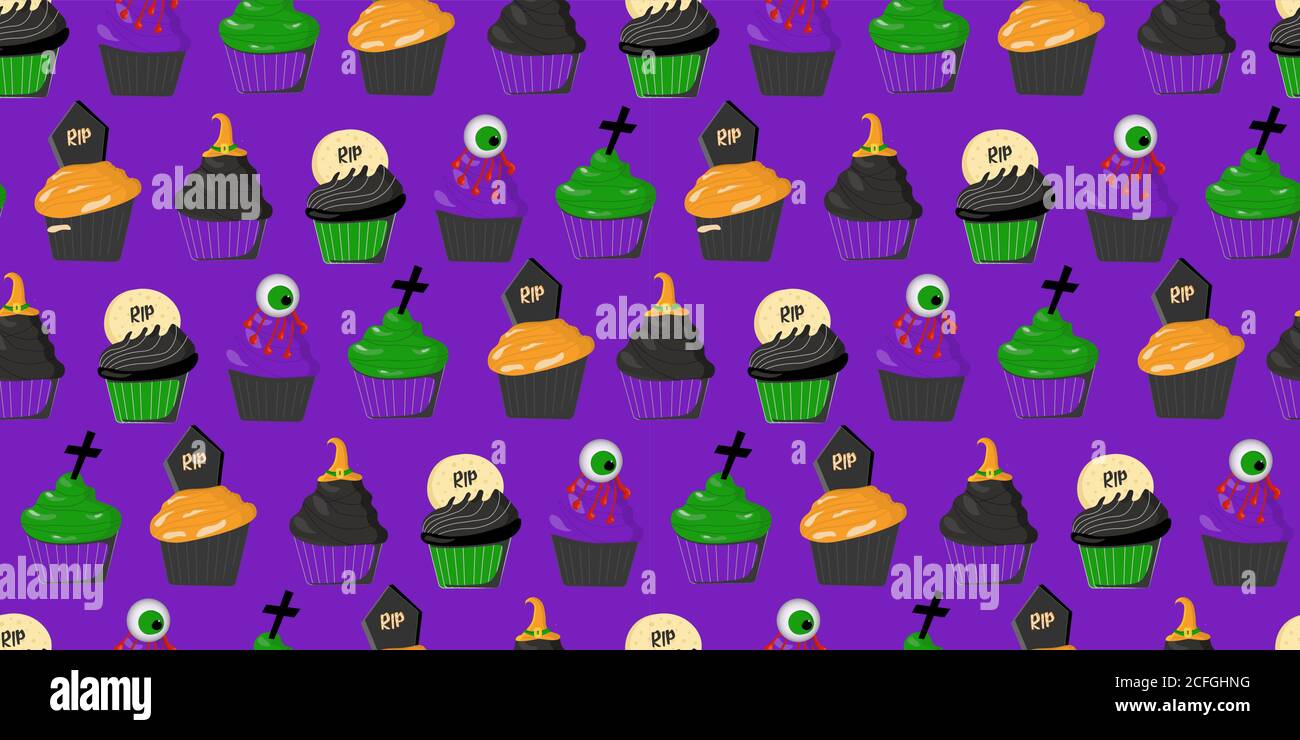 Modello di Halloween. Muffin e cupcake. Modello spaventoso e terribile. Sfondo per Halloween. Disegno di tessuto e carta da imballaggio. Illustrazione Vettoriale