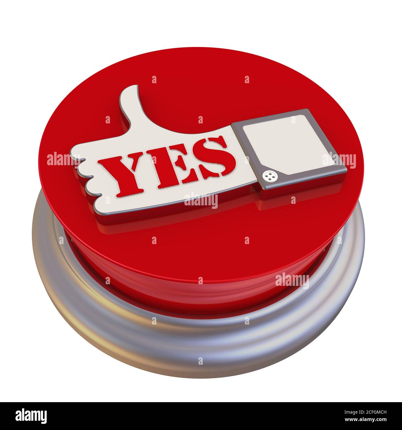 Pulsante rotondo con il simbolo della revisione positiva. Il gesto della mano consente e approvazioni (POLLICI SU) con la parola sì sul pulsante rosso. Isolato Foto Stock