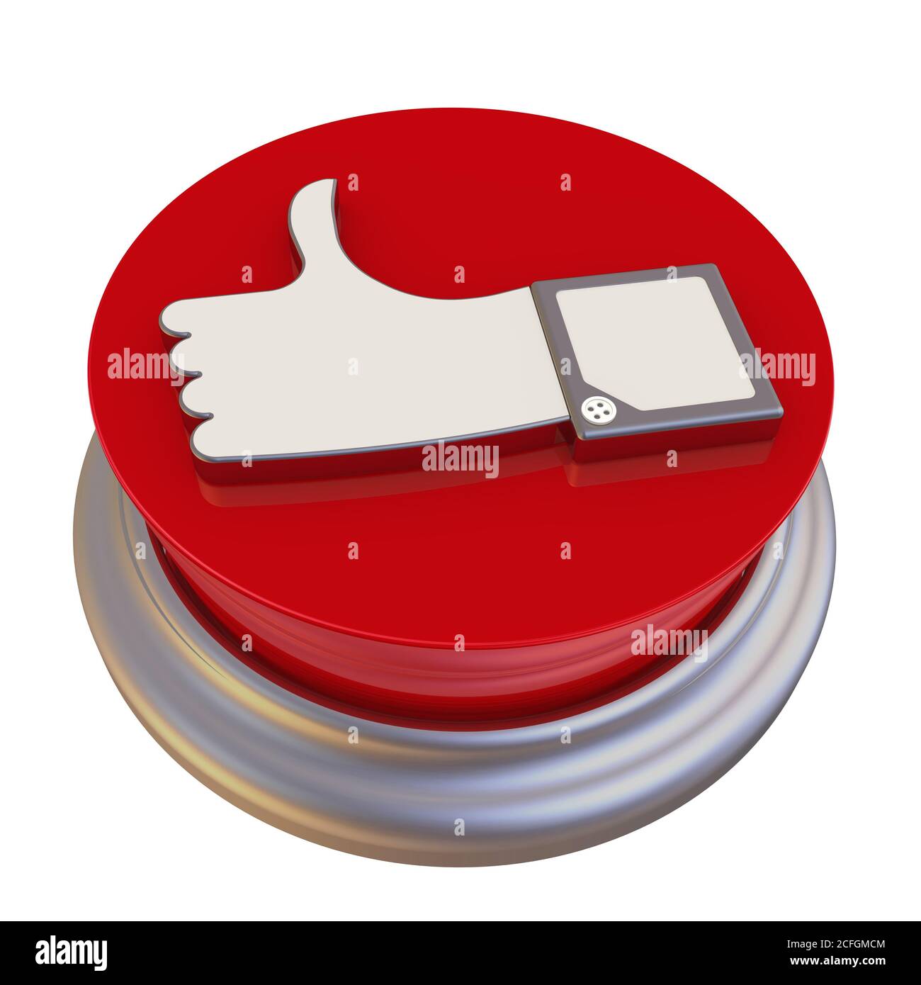 Pulsante rotondo con il simbolo delle recensioni positive. Le autorizzazioni e le approvazioni dei gesti delle mani (POLLICI IN ALTO) si trova sul pulsante rosso. Isolato Foto Stock