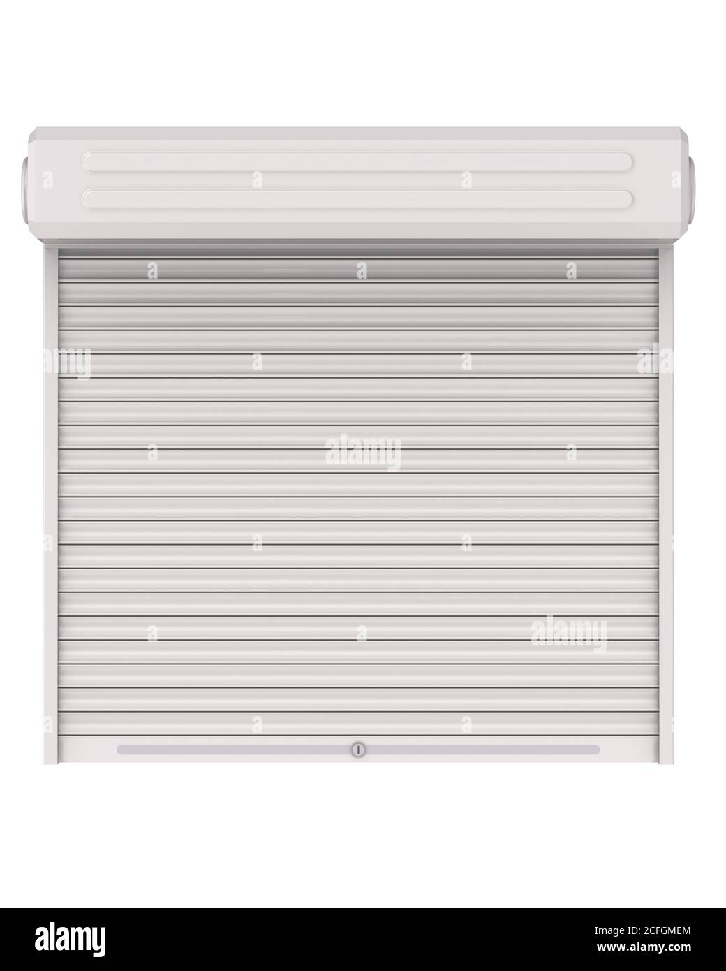 Tapparelle di protezione (tapparelle, tapparelle). Tendina parasole a rullo bianca isolata su sfondo bianco. Illustrazione 3D Foto Stock