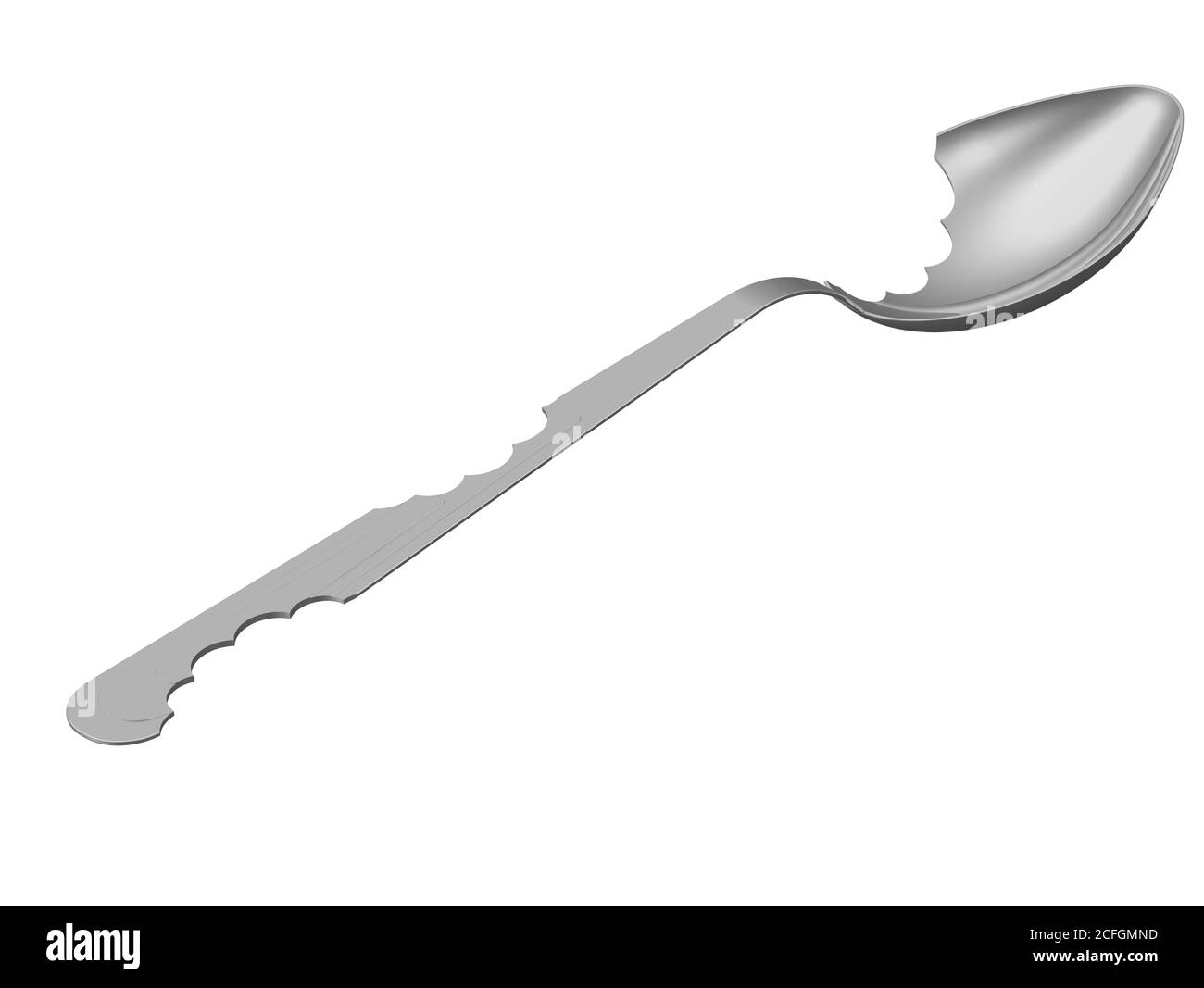 Cucchiaio con segni di morso. Svuotare un cucchiaio da tavola con segni di morso. Isolato. Illustrazione 3D Foto Stock