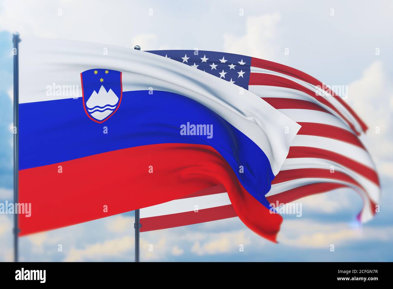 Sventolare bandiera americana e bandiera della Slovenia. Vista in primo piano, illustrazione 3D. Foto Stock