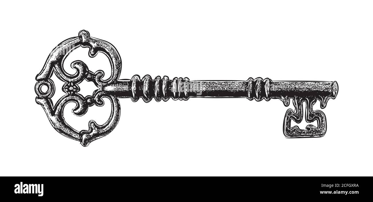 Chiave antica disegnata a mano. Stile di schizzo della chiave vintage su sfondo bianco. Illustrazione del vecchio design. Vettore. Illustrazione Vettoriale