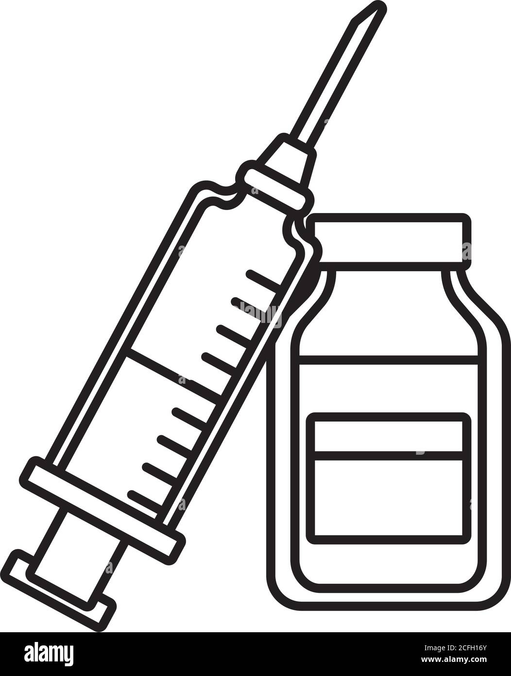 siringa di vaccino con flacone di farmaci stile linea illustrazione vettoriale design Illustrazione Vettoriale