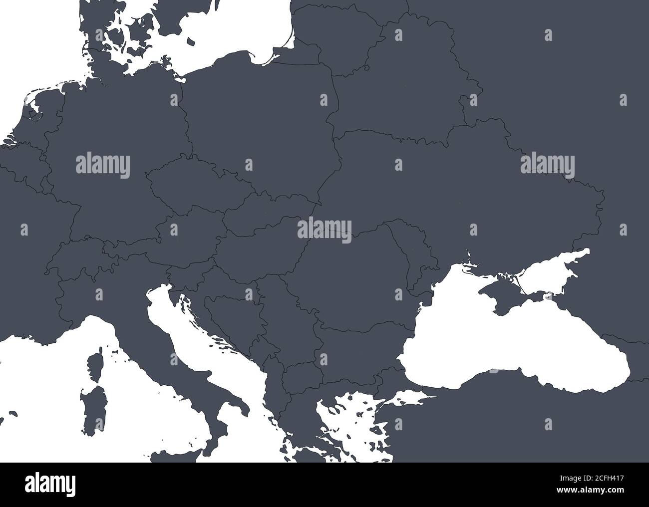 Mappa del profilo europeo con i confini dei paesi. Dettaglio della mappa politica mondiale, regione dell'Europa centrale e orientale con silhouette. Messa a terra isolata su bianco Foto Stock