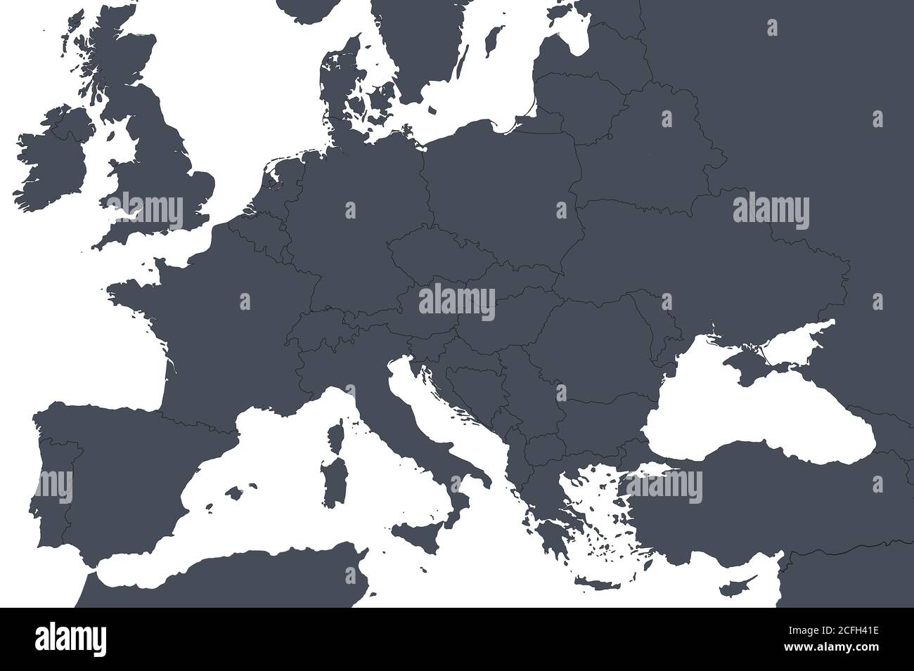 Mappa del profilo europeo con i confini dei paesi. Dettaglio della mappa politica mondiale, regione dell'Europa centrale con silhouette. Terra isolata su fondo bianco, Foto Stock
