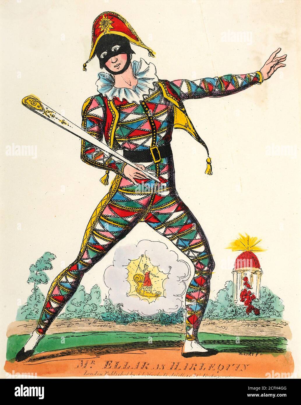 Marks, J.L., Ritratto teatrale, Ellar come Harlequin, Circa 1822-1839, Stampa, Museo di Londra, Inghilterra. Foto Stock