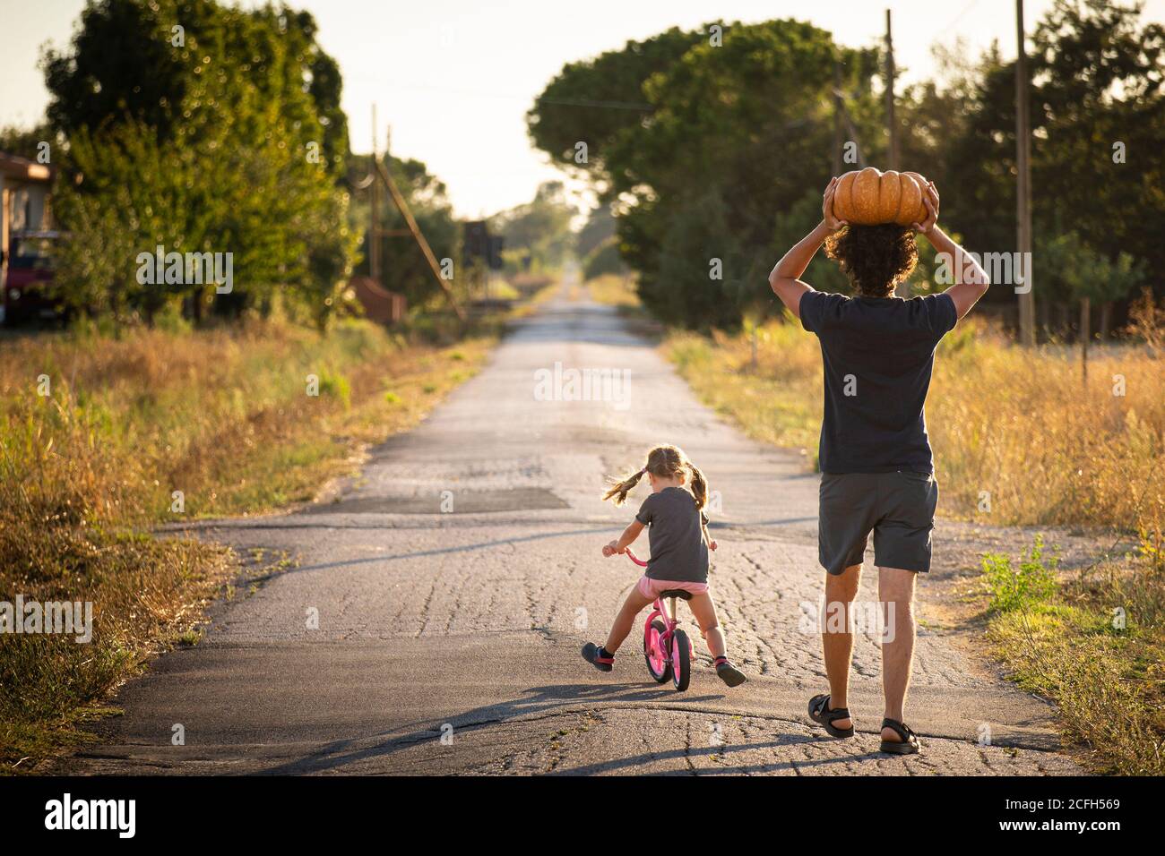 Bambina piccola, in bicicletta, con il suo giovane padre che porta una grande zucca di Halloween sopra la testa, su una strada di campagna al tramonto. Vista posteriore. Foto Stock