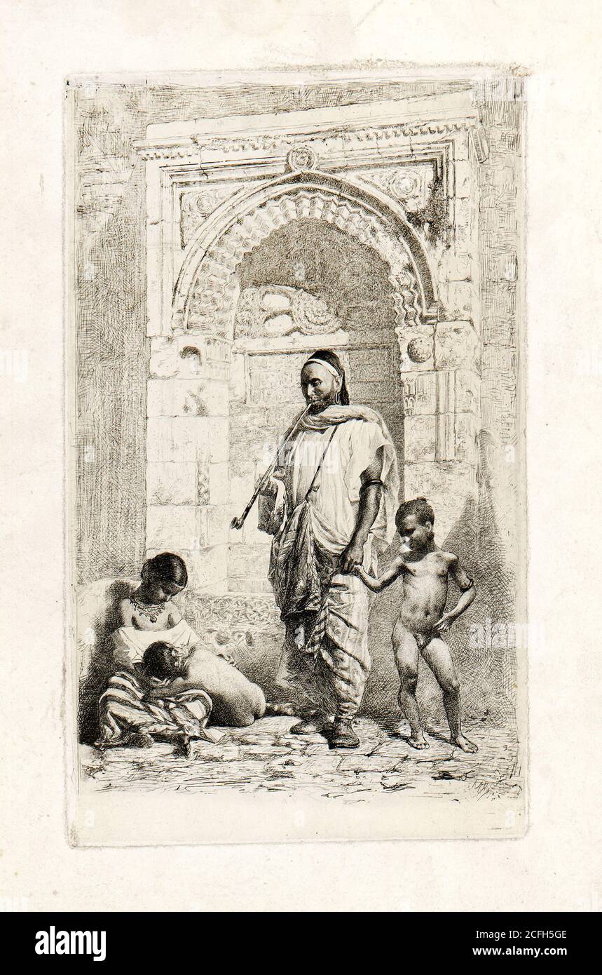 Maria Fortuny, famiglia marocchina, circa 1861, incisione su carta, Museu Nacional d'Art de Catalunya, Barcellona, Spagna. Foto Stock