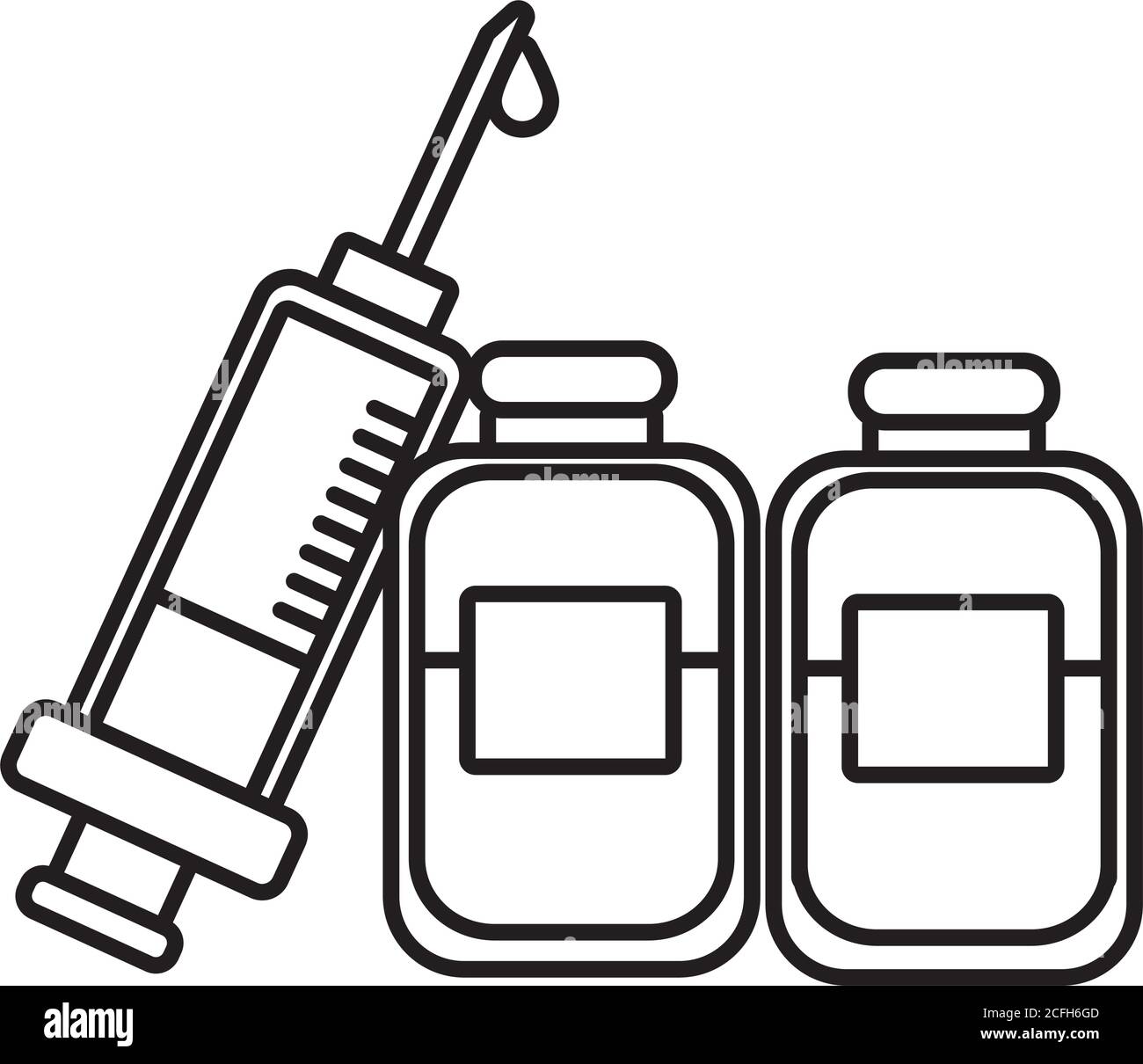 siringa di vaccino con flaconi di farmaci icona stile linea illustrazione vettoriale design Illustrazione Vettoriale