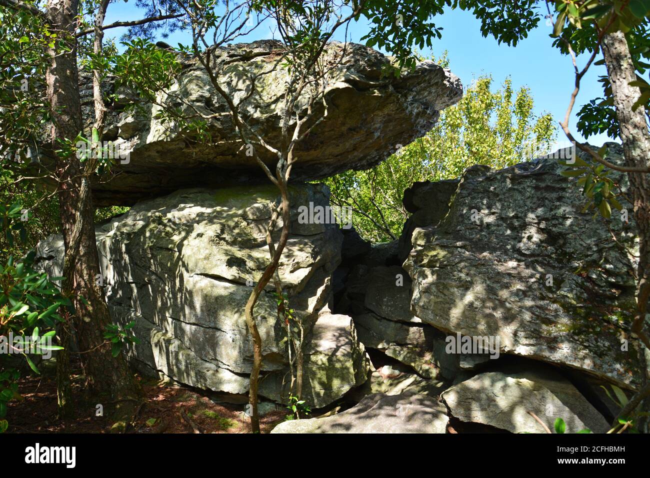 Balanced Rock al largo del treno Moore's Wall nel Parco Statale Hanging Rock, Carolina del Nord. Foto Stock