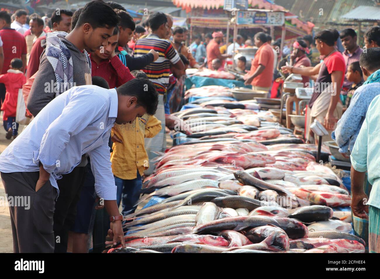 Folla di acquirenti in un mercato del pesce del Bangladesh. I clienti stanno scegliendo e comprando i loro pesci freschi desiderati Foto Stock