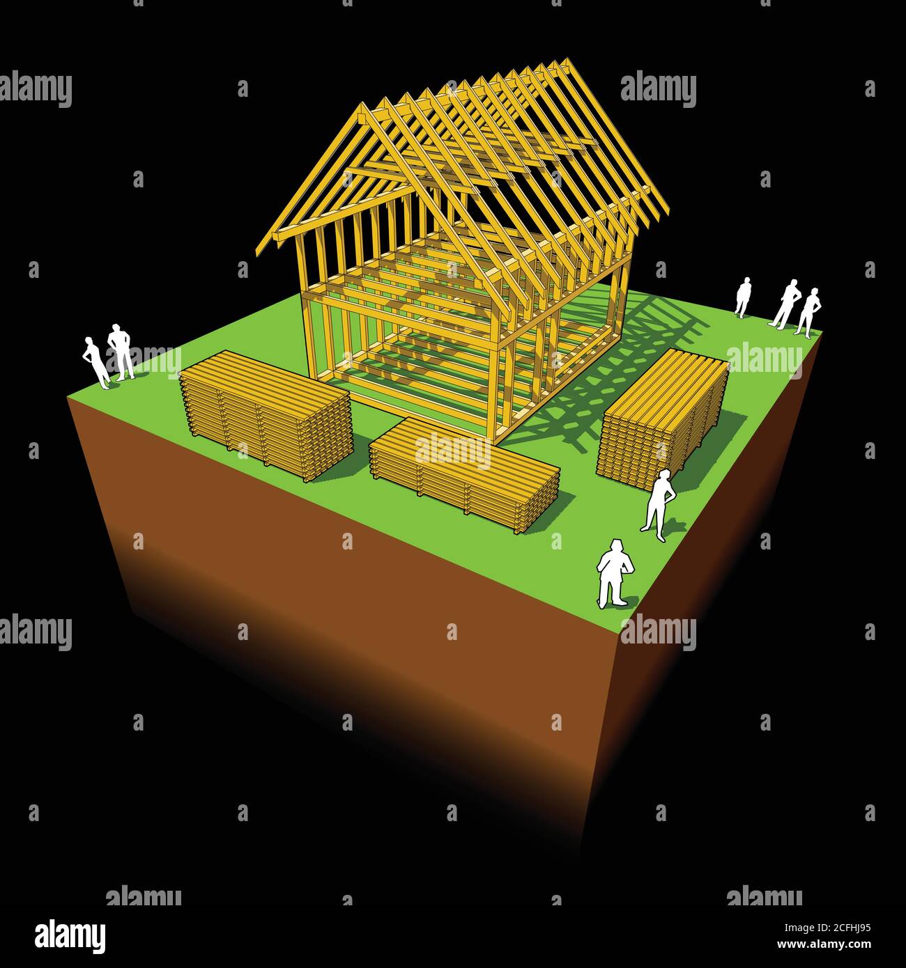 Costruzione della semplice casa unifamiliare con cornice in legno costruzione Illustrazione Vettoriale