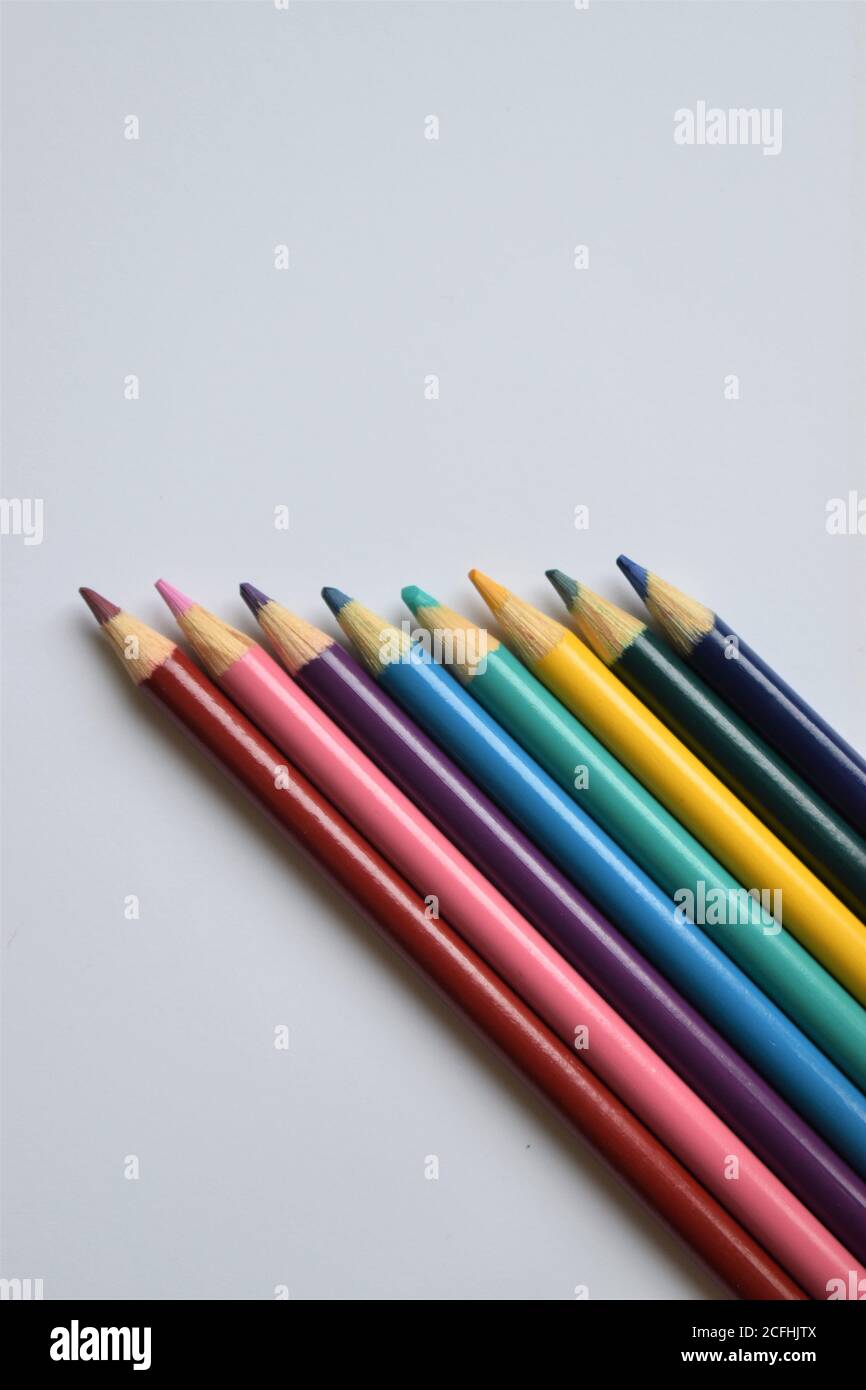 Una riga ordinata di matite colorate su uno sfondo bianco con spazio per la copia Foto Stock