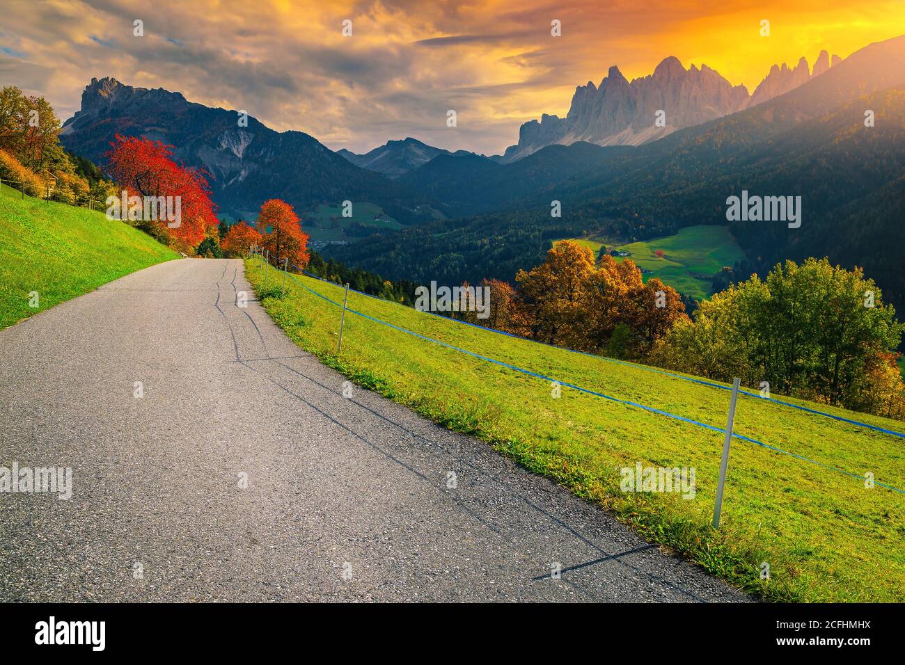 Meraviglioso scenario alpino autunnale con colorati alberi decidui sulle pendici all'alba, Val Funes, Dolomiti, Italia, Europa Foto Stock