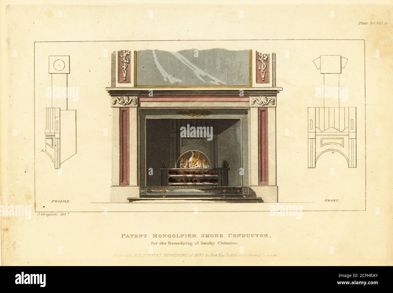 Brevetto Mongolfier camino conduttore di fumo per la riparazione di chimie fumé. Basato sul principio del Mongolfier, questo direttore di fumo è stato fatto da Joseph Gregson di Charles Street, Grosvenor Square. Incisione a mano su copperplate dal repository di Upholsterer e Cabinet-Maker, composta da settantasei disegni di mobili moderni e alla moda, Rudolph Ackermann, Londra, 1830. Foto Stock