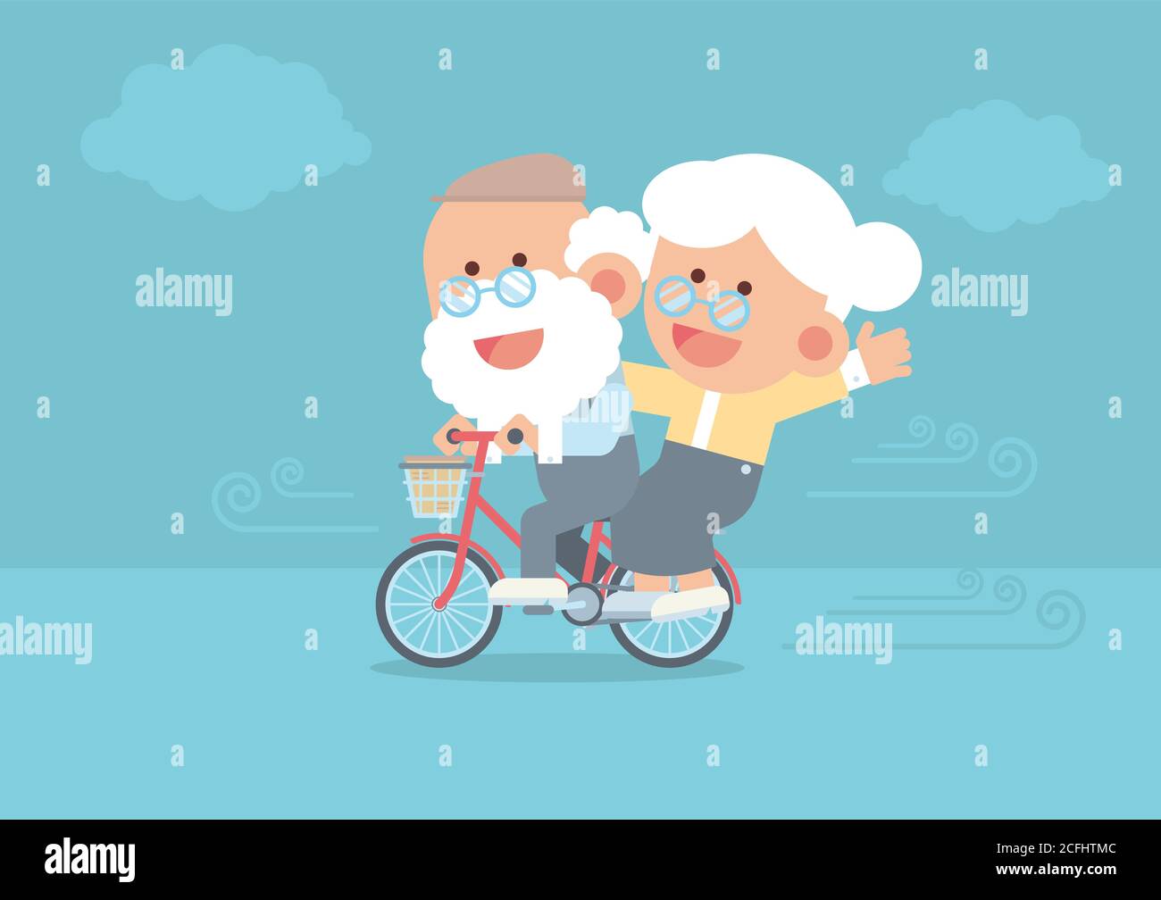 Coppia anziana sorridente, uomo anziano in bicicletta vintage all'aperto con donna anziana seduta dietro, soffia vento e nuvole in carino stile cartoon piatto Illustrazione Vettoriale