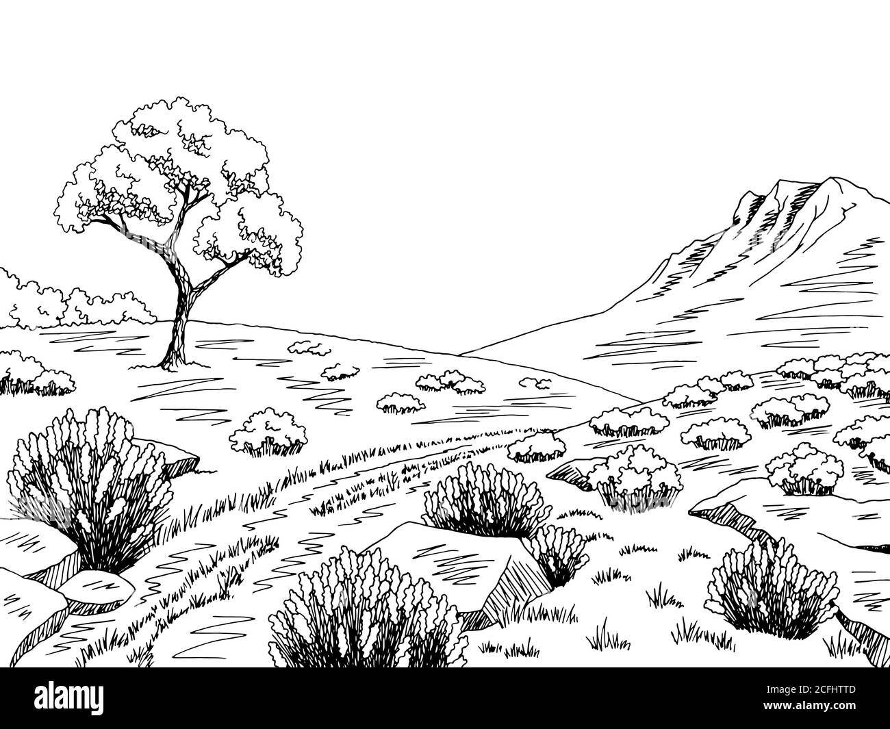 Grafica hathland grafico bianco nero disegno paesaggio vettore illustrazione Illustrazione Vettoriale