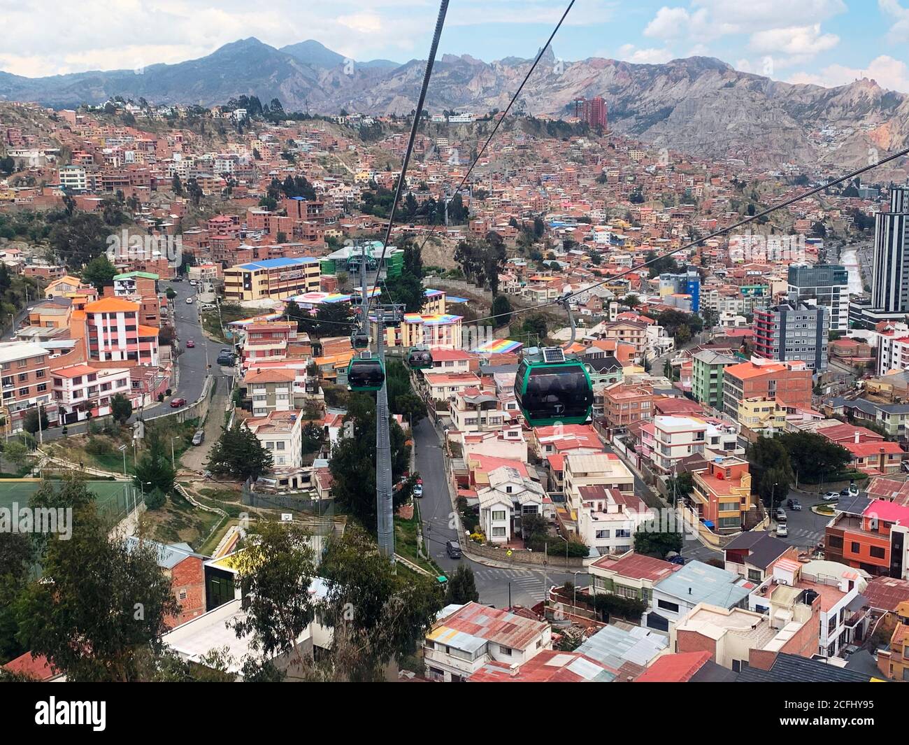 Vista aerea sulla città di la Paz, capitale boliviana. Funivia. Mi Teleferico è un sistema di transito urbano di funivie aeree che serve la Paz-El Alto in Bolivia. Foto Stock