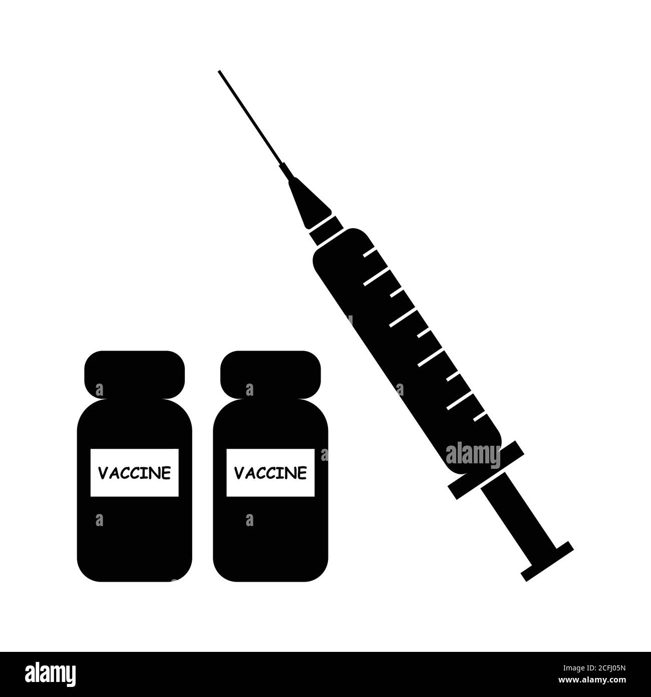 Vaccino con siringa. Pittogramma bianco e nero raffigurante il vaccino medico e la siringa. Vettore EPS Illustrazione Vettoriale