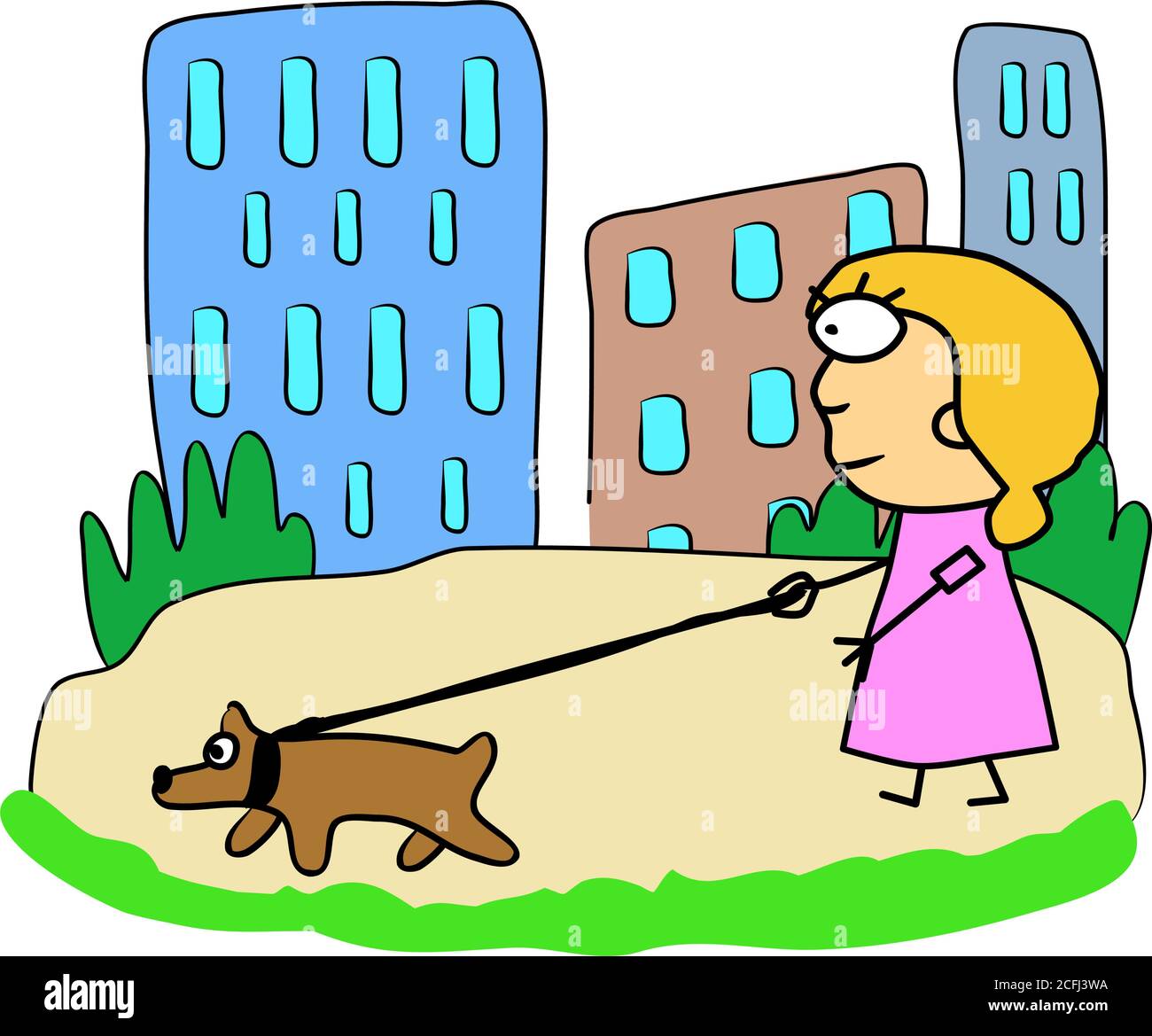 Ragazza e cane su una passeggiata. Parco vicino alla casa, erba verde. Divertente immagine a colori, disegno a mano illustrazione colore moderno Illustrazione Vettoriale