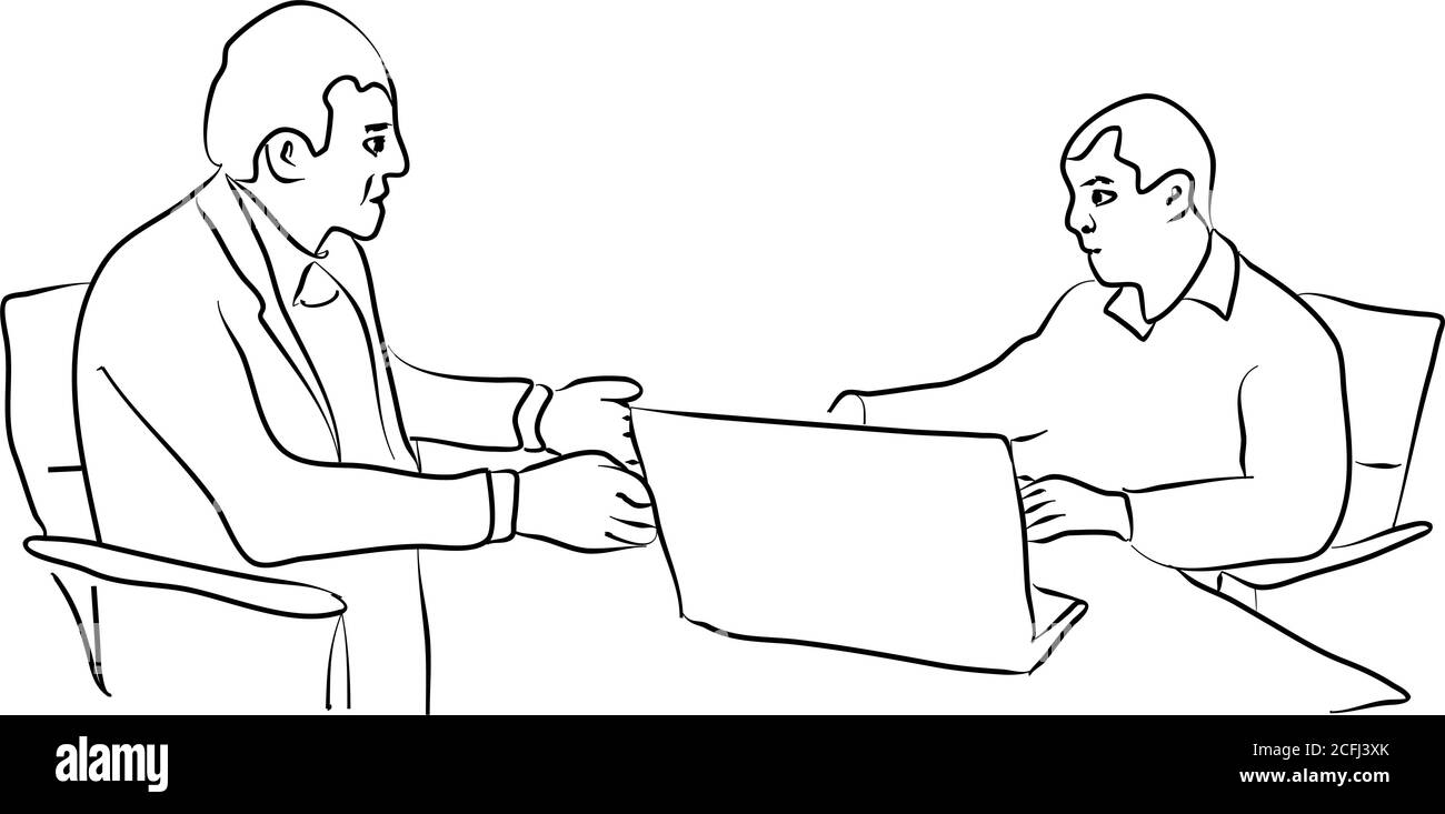 Uomini, disegno a mano schizzo. Negoziati commerciali in stile moderno. Incontri di uomini d'affari. Riunione di lavoro, negoziazione aziendale, conferenza. Riuscito b Illustrazione Vettoriale