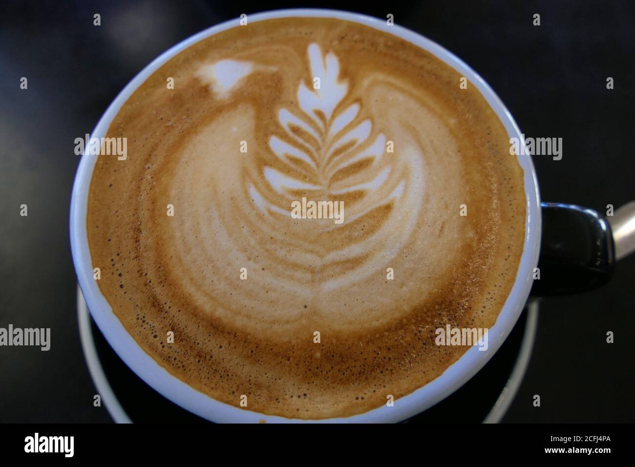 Arte del caffè: Caffe latte simile a quello bianco piatto con motivo a foglia in schiuma di latte Foto Stock